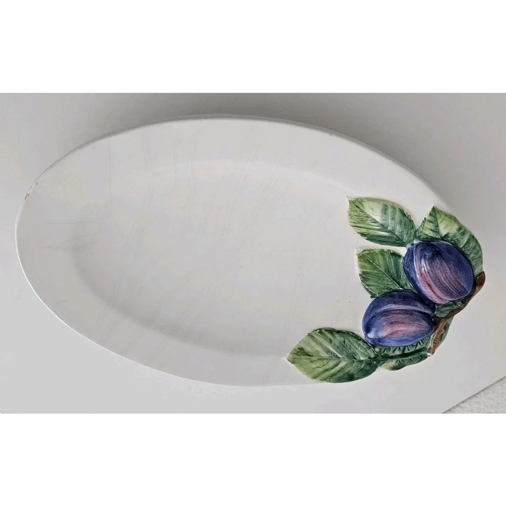 Vintage Italian Pottery Platter Decorato a Mano Italy Hand Painted Blue Plum